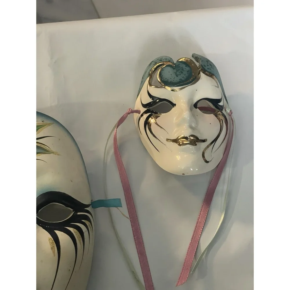 Vintage Ceramic Masquerade Wall Masks Set of‎ 3 | Venetian Style | Gold BinA